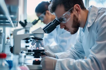 Scientists working with microscopes in a laboratory