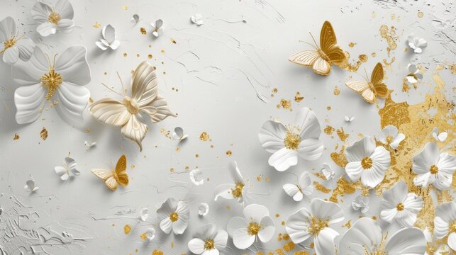 Golden Butterflies and Flowers on Textured Background