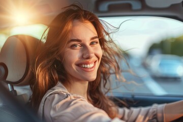 Happy woman smiling in car driving - obrazy, fototapety, plakaty
