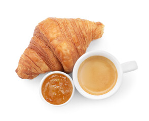 Fresh croissant, jam and coffee isolated on white, top view. Tasty breakfast