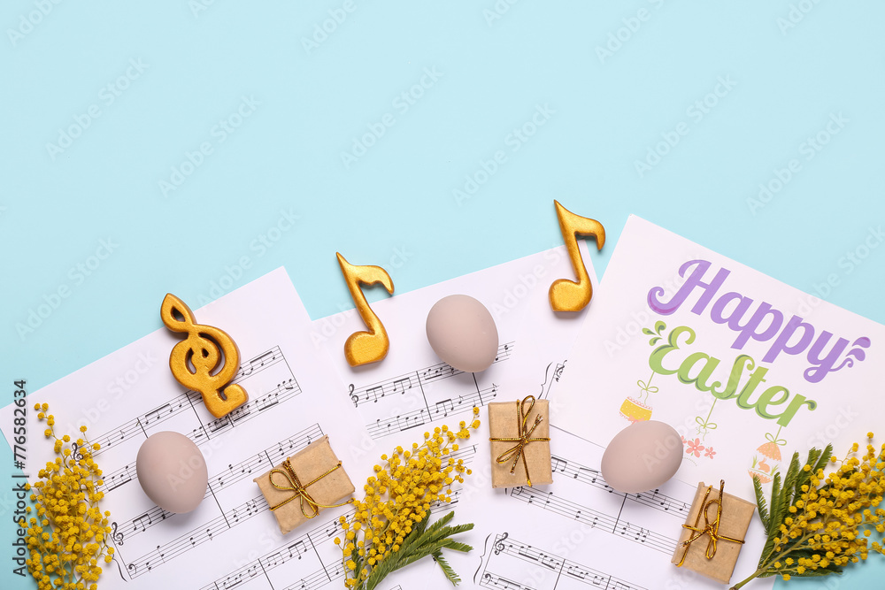 Poster Composition with greeting card, music notes and Easter decor on blue background