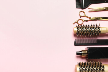 Professional hair dresser tools on pink background, flat lay. Space for text - obrazy, fototapety, plakaty