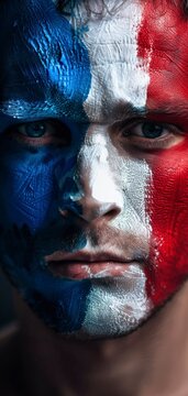 man with a painted face from France in a stadium Aspect ratio 9:16 in high resolution and quality