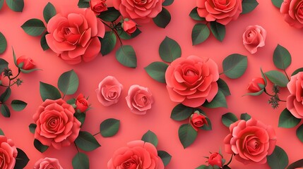 3d wallpaper with red roses and green leaves, seamless pattern on beautiful background