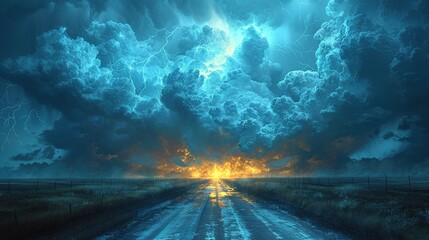 Fototapeta premium Electric Fury - Supercell Storm Over Prairie Road - Dramatic Weather Encounter - Generative AI