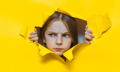 A funny and stern red-haired little girl looks disapprovingly through a hole in yellow paper. The...