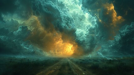 Electric Fury - Supercell Storm Over Prairie Road - Dramatic Weather Encounter - Generative AI - obrazy, fototapety, plakaty