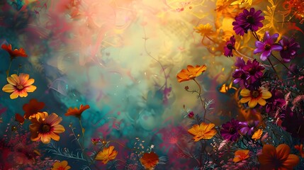 Fototapeta na wymiar Enchanted Floral Garden Vibrant Colors Ethereal Nature Beauty Blossoms Artistic