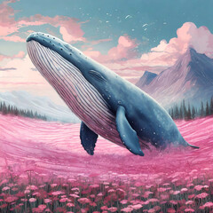 핑크색 들판에 있는 고래 - obrazy, fototapety, plakaty
