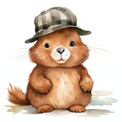 Beaver with funny hat. Baby beaver clipart. Watercolor illustration. Generative AI. Detailed illustration.