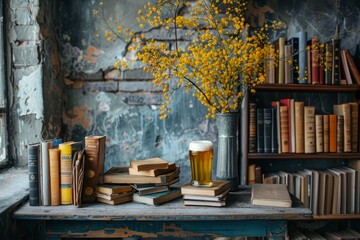 Yellow and grey minimalist interior design with books and beer