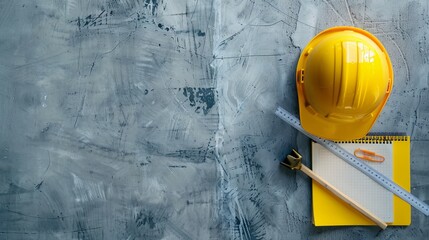 Yellow hard hat and ruler on gray background. Minimalist experimental bizarre rembrandt lighting
