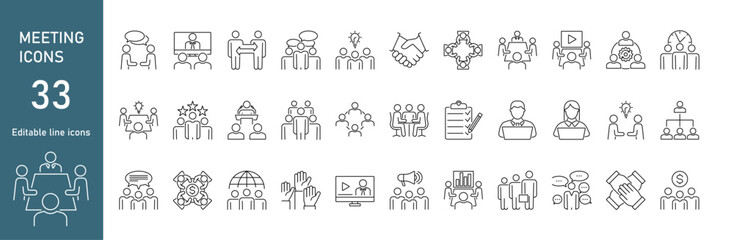 Set of meeting icons. Collection of line icons on the theme of conference, brainstorming, interview, lecture, business meeting, seminar with leader. - 776587050