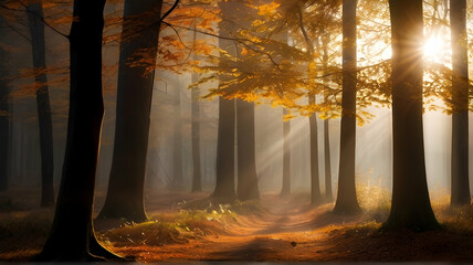 Forest trees view with sun beams