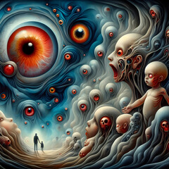 a painting of a man and a woman standing in front of an eye, a surrealist painting by John Backderf, trending on deviantart, psychedelic art, cosmic horror, lovecraftian, apocalypse art, Generative AI