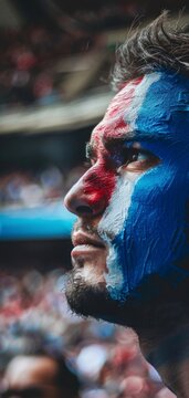 man with painted face from France in a stadium Aspect ratio 9:16 in high resolution