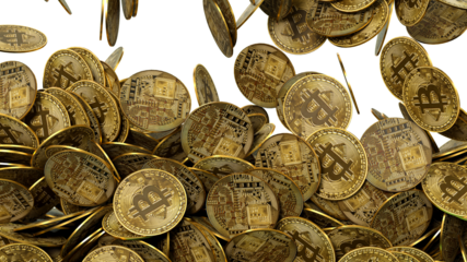 plein de pièce de bitcoins qui tombent - fond transparent