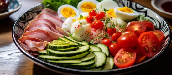 A meal in a bowl containing a mixture of cooked meat pieces, fresh ripe tomatoes, sliced cucumbers, and boiled eggs