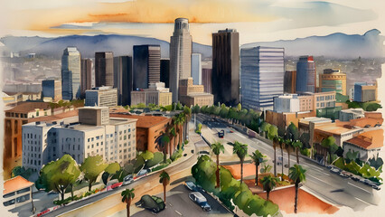 Los Angeles city watercolor art - obrazy, fototapety, plakaty