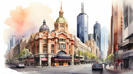 Obraz premium Melbourne city Australia watercolor art