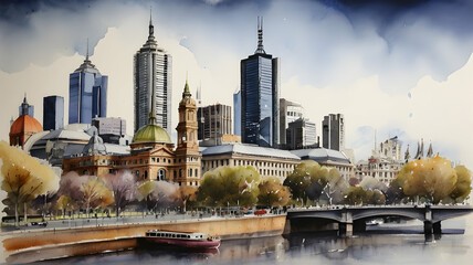 Naklejka premium Melbourne city Australia watercolor art