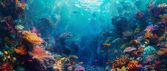 Fototapeta na wymiar A vibrant coral reef teeming with marine life, bathed in a splendid gradient of blues and greens, captured in high-definition to highlight its mesmerizing vibrancy.