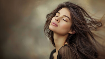 Portrait of a young brunette female model with long flowing hair. Her eyes are closed and face is turned upward. Copy space. A meditative expression. - obrazy, fototapety, plakaty