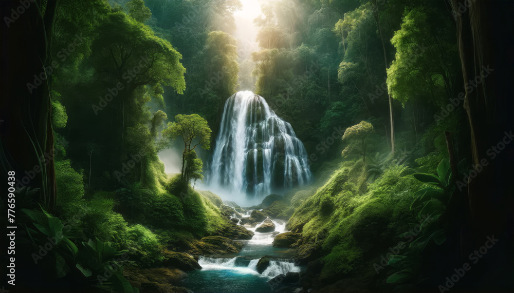 Poster enchanted waterfall in a lush jungle with rays of light filtering through foliage.