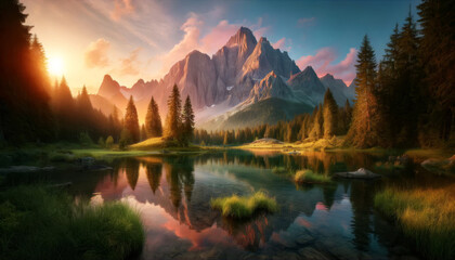 Dramatic sunrise over a serene mountain lake reflecting the glowing sky and peaks.