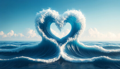 Blue ocean waves forming a heart shape with a clear sky backdrop. - obrazy, fototapety, plakaty