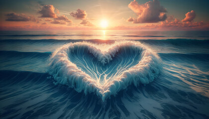 Wave heart shapes created with sea foam during a vibrant ocean sunset. - obrazy, fototapety, plakaty