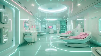 Futuristic hospital room with digital interface and lovely pink wall decor