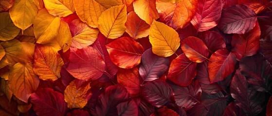 Vibrant autumn leaves transitioning from fiery reds to golden yellows, creating a splendid gradient captured in high-definition to highlight its mesmerizing vibrancy. - obrazy, fototapety, plakaty