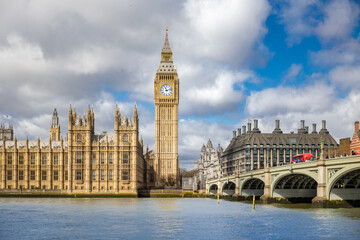 Iconic view of Big Ben and Westminster palace on a sunny day in London, the United Kingdom