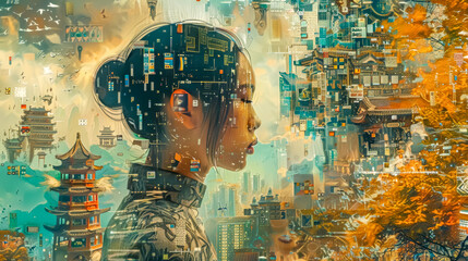 Naklejka na ściany i meble Cybernetic dreamscape: fusion of woman and cityscape