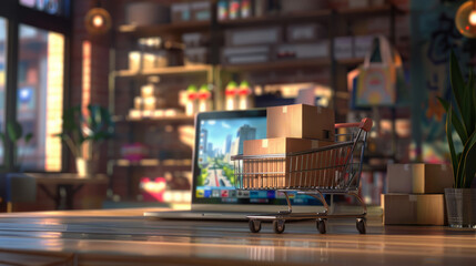 Online Shopping Concept with Cart and Laptop