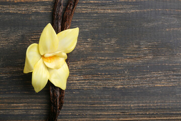Beautiful vanilla flower with sticks on dark wooden background
