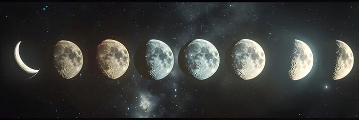 Circular Diagram Depicting the Eight Phases of the Moon Against a Starlit Sky Background