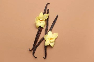 Fototapeten Aromatic vanilla sticks with beautiful flowers on color background © Pixel-Shot