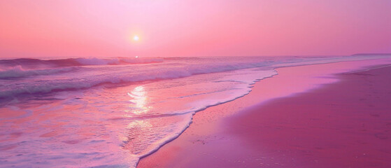 A tranquil beach at sunset, with the sky painted in a splendid gradient of pinks and purples, captured in high-definition to highlight its mesmerizing vibrancy. - obrazy, fototapety, plakaty