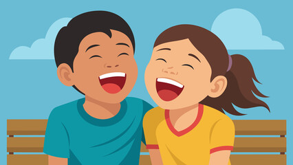 A photograph of two siblings sitting on a bench their heads pressed together as they laugh. The image showcases the joy and carefree nature of - obrazy, fototapety, plakaty