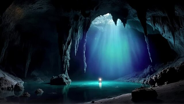 The cave shimmers with beautiful light, creating a magical scene