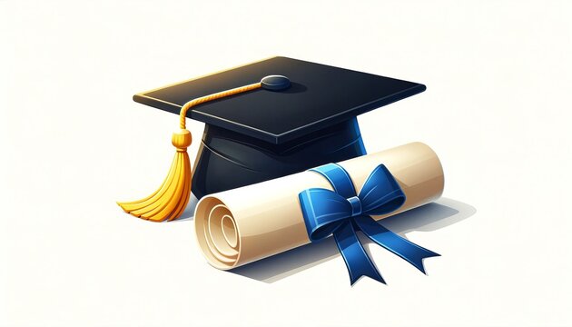 Sleek black graduation cap with a diploma tied by a blue ribbon.