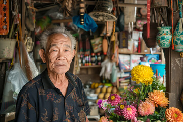 Obraz premium Portrait of an old asian man in his store selling flowers and decorations, various items hanging on the walls, chrysanthemums