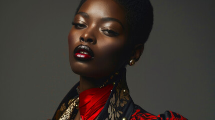 A striking portrait of a fierce black woman making a statement in a bold and edgy ensemble as she confidently struts down the catwalk. Every step she takes exudes a sense of empowerment .