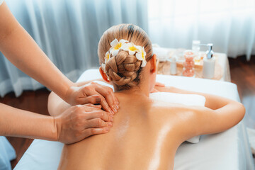 Caucasian woman customer enjoying relaxing anti-stress spa massage and pampering with beauty skin...