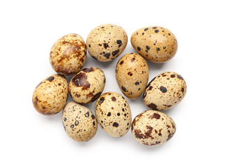 Fototapeta na wymiar Many fresh quail eggs on white background