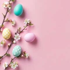 Fototapeta na wymiar colorful small easter eggs with flowering branches on a light pink background with copy space - easter card background