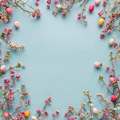 Fototapeta na wymiar colorful small easter eggs with flowering branches as a boarder on a light blue background with copy space - easter card background frame - spring design element