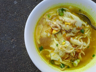 Delicious porridge gravy. Porridge or chicken porridge in Indonesian native called bubur ayam is a popular breakfast menu